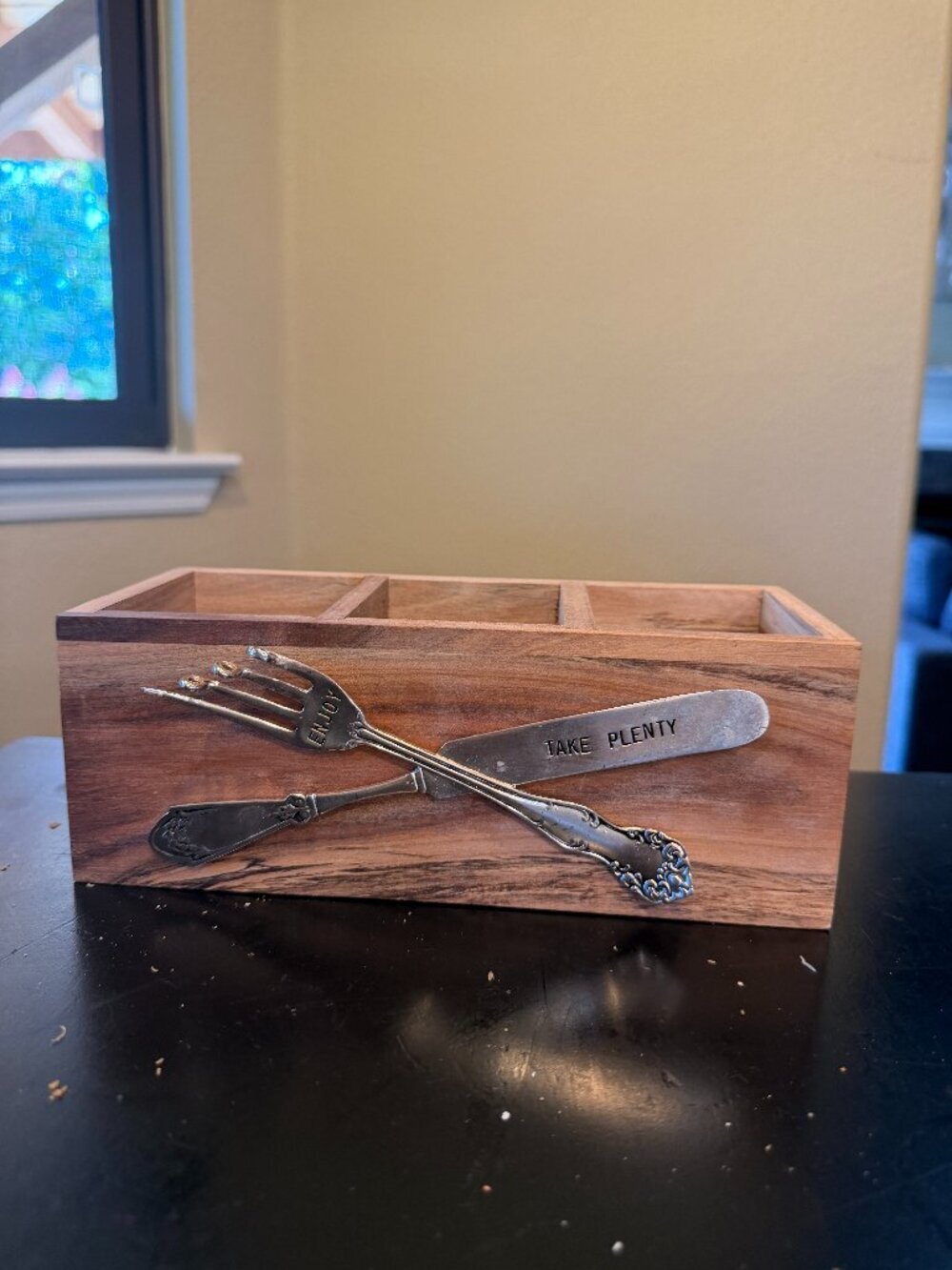 Wooden Silverware Serving Box with Pewter Details